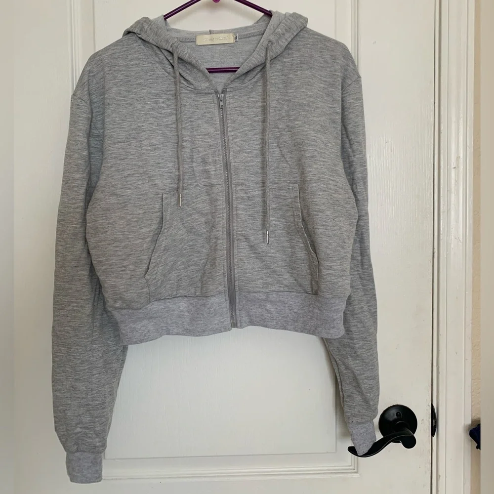Milanpavilion Zip Up Cropped Grey Drawstring Hoodie Jacket Casual Long Sleeve - Picture 4 of 15
